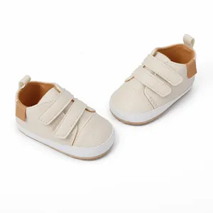Minimalist beige baby walking shoes for 0-1 years with double hook-and-loop straps