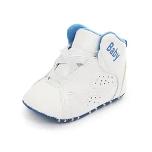 White and blue soft-sole baby basketball sneakers for 0-1 year old infant walkers.