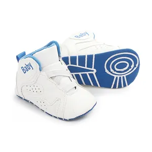 Detail of white and blue infant walker shoes showing soft non-slip sole and side profile