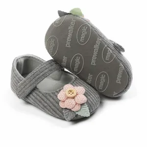 Nahaufnahme grauer Strick-Babyschuh mit rosa Blume und Details der rutschfesten Sohle.