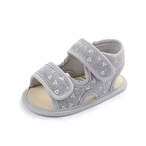 Detailed view of gray soft-sole baby sandals with triangle pattern for summer walking.