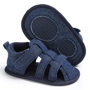 Detailed view of navy blue denim baby boy sandals featuring a non-slip soft sole