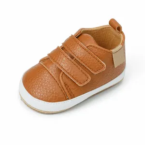 Classic brown faux leather toddler walking shoes for baby boys with adjustable velcro straps