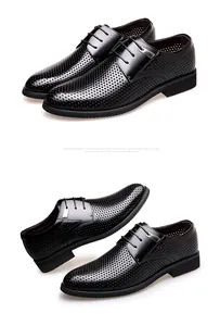 Détail de chaussures de ville en cuir noir respirant pour hommes avec motif perforé