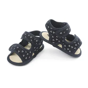 Close-up of navy blue baby sandals with triangle print and soft soles for first walkers