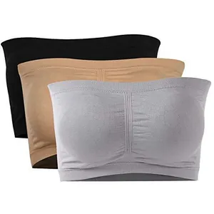 Three-pack of seamless padded bandeau bras in versatile black, nude, and grey tones
