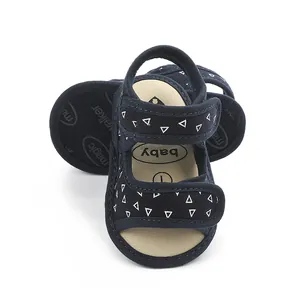 Detail view of navy blue baby walking sandals with soft sole and white triangle pattern