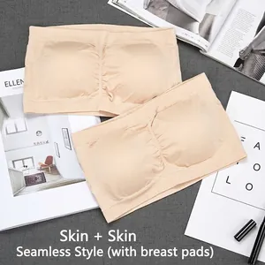 Set of two beige seamless strapless tube top bras with soft removable chest pads