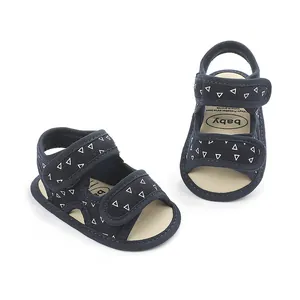 Navy blue baby sandals featuring white triangle print and adjustable velcro straps