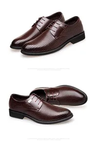 Vue macro détaillée du cuir de vachette perforé marron foncé sur des chaussures de ville pour hommes