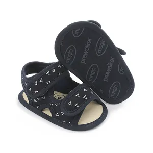 Macro view of navy blue baby sandals with white triangle pattern and anti-slip soles