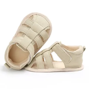 Beige canvas baby boy closed-toe sandals with soft anti-slip sole for pre-walking