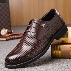 Chaussures Habillées de Bureau pour Hommes en Cuir de Vachette Véritable Ajouré Respirant Lacet Chaussures Derby Classiques Semelle en Caoutchouc Antidérapante Chaussures Oxford pour Hommes
