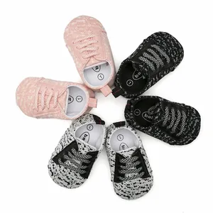 Top-down view of three pairs of breathable fly-knit baby walker sneakers in a circle