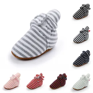 Bottines Chaussettes Rayées Chaudes d'Hiver pour Bébé Marcheur Semelle Souple Doublées de Polaire Thermique Chaussons Antidérapants Chaussures Casual Quotidiennes