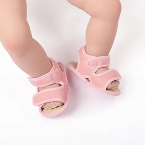 Detailed view of pink breathable mesh baby walking sandals featuring adjustable straps