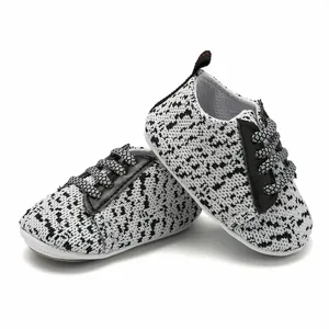 Detail showing the breathable knitted pattern of these Yeezy style baby walking shoes