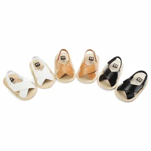 Soft-sole baby walking sandals shown in white, brown and black colors for summer.