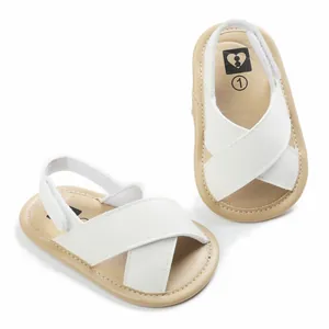 Detailed view of white baby summer sandals featuring soft soles and cross straps.