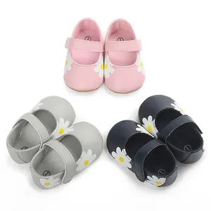 Soft baby walking shoes with cute daisy pattern in pink grey and navy blue colors