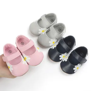 Close-up of pink, grey, and navy blue infant walker shoes featuring cute daisy patterns