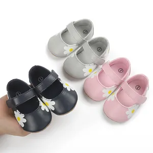 Close-up of baby Mary Jane walking shoes with daisy flower print in multiple colors