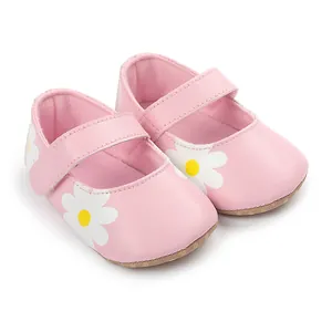 Close-up of pink baby walker shoes with white daisy flower prints for 0-1 year old infants