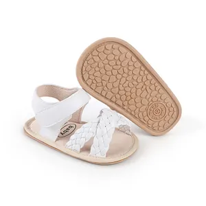 Detail view of baby walking sandals showing woven straps and textured non-slip sole