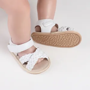 Detailed view of white woven baby girl sandals featuring non-slip sole for infants