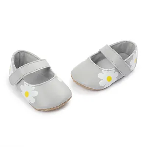 Close-up of grey baby walker shoes featuring a white daisy flower print and strap.