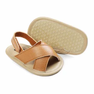 Detailed macro view of brown baby walker sandals featuring a non-slip soft sole design