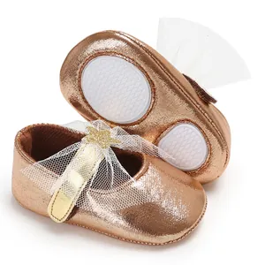 Roségoldene Baby-Prinzessinenschuhe mit weicher Sohle und Mesh-Schleifendetail