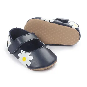 Detailed view of navy blue baby walking shoes with daisy pattern and anti-slip sole