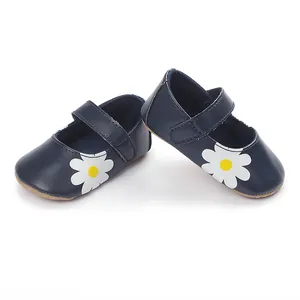 Detailed close-up of navy blue baby walking shoes featuring a cute white daisy flower design