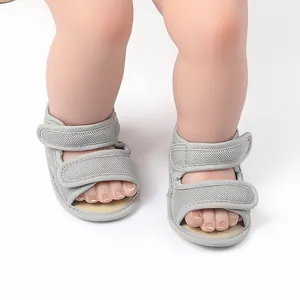 Detail view of breathable gray mesh baby summer walking sandals with adjustable straps