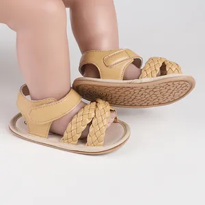 Soft-soled yellow braided baby sandals for summer infants first walking