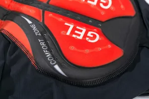 Close-up view of the thick red gel padding on breathable quick-dry cycling underwear