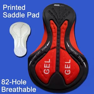Close-up of a professional red and black cycling gel seat pad with 82 breathable holes