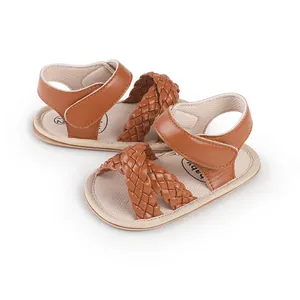 Tan braided strap baby sandals for infants and toddlers with hook and loop closure