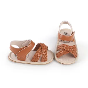 Stylish brown braided baby girl summer sandals with soft sole and hook-loop closure