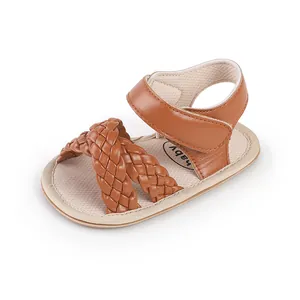 Charming brown braided baby girl sandals with adjustable velcro strap for newborns