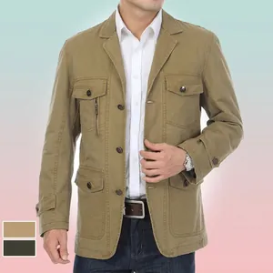 Veste décontractée en coton délavé kaki pour hommes avec poches multiples et col à revers