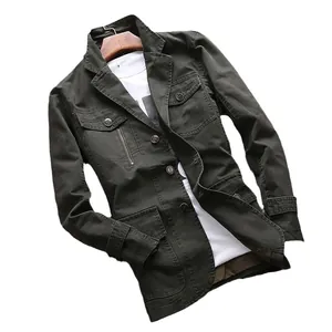 Veste décontractée pour homme en coton lavé vert foncé avec col blazer et poches multiples