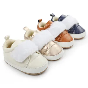 Detailed view of multi-color soft sole baby girl princess walking shoes with faux fur trim