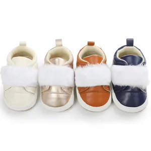 Four pairs of colorful baby princess shoes with white faux fur straps and soft soles.