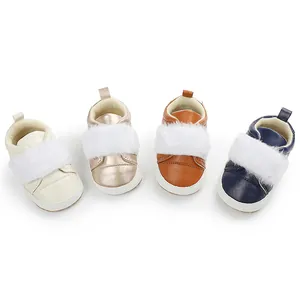 Four colors of baby girl princess pre-walker shoes with soft white fur trim detail