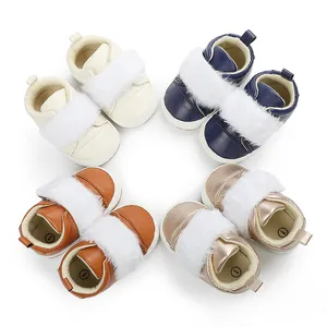 Four pairs of baby girl princess walking shoes in different colors with fur trim