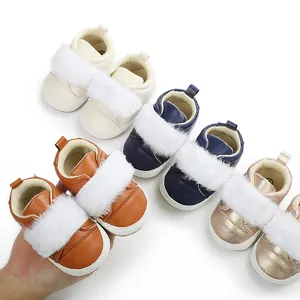 Detailed view of soft-sole baby princess shoes with plush faux fur trim in multiple colors