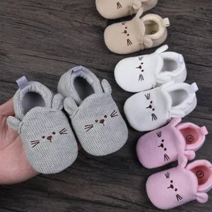 Detailed view of knitted baby walker shoes with cute cat whisker embroidery