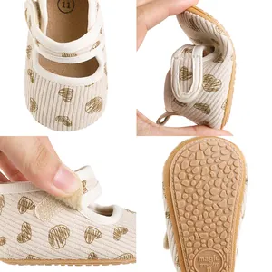 Soft corduroy infant pre-walker shoes with heart print and anti-slip rubber sole
